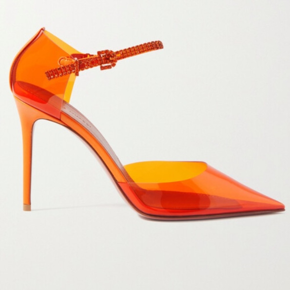 🌹AMINA MUADDI🌹Ursina Crystal-embellished Pvc Leather Pumps In Orange Size: 37 - Picture 3 of 13
